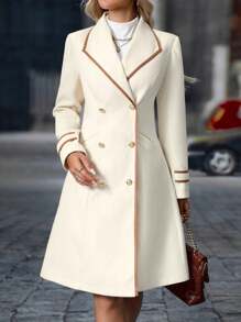 SHEIN Clasi Abrigo casual de manga larga con botones y cuello con ribete de contraste para mujeres - Albaricoque - Ver 5