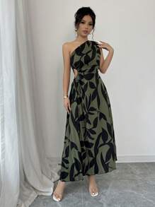 Breezaya 女士优雅花卉印花不对称领口镂空腰部抽绳褶皱连衣裙，夏季长款女装 - 軍綠色 - 查看 6