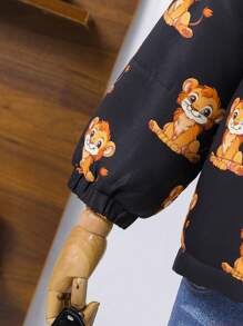 SHEIN Young Boy Mid-Length Warm Thickened Anti-Cold Fashionable Lion Print Padded Coat, Suitable For Autumn And Winter - Black - View 4
