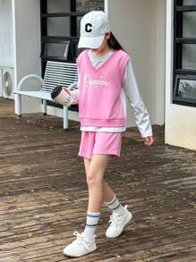 SHEIN Conjunto casual de estilo coreano color rosa para niñas preadolescentes, incluye camiseta sin mangas y pantalones cortos - Rosa - Ver 5