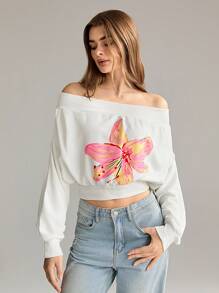 SHEIN Unity 女士印花露肩长袖套头卫衣秋季卫衣 - 白色 - 查看 5