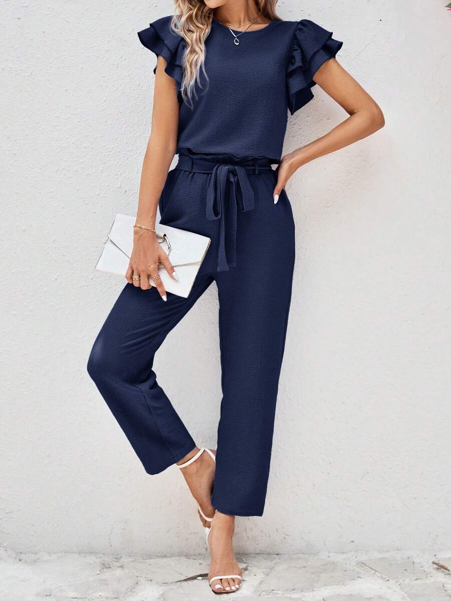SHEIN Clasi 2pcs Women's Round Neck Ruffle Short Sleeve Shirt & Detachable Belted Pants Set - Navy Blue - View 1