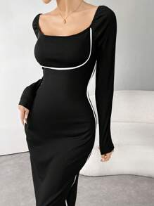 Modelyn Vestido ajustado con ribete de contraste para damas de Chongqing - Negro - Ver 7