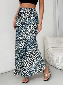 Chiquease Women's High Waist Leopard Print Fishtail Hem Long Skirt - Blue - View 1