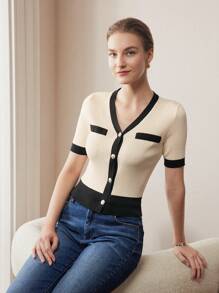 MOTF PREMIUM CONTRAST BINDING SINGLE BREASTED PLACKET SLIM FIT CARDIGAN - Black and White - View 9