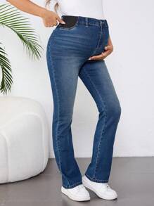SHEIN Pregnant Women Casual Skinny Flare Jeans With Rhinestone, Blue, For Maternity