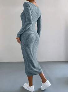 SHEIN Essnce 长袖针织紧身中长连衣裙，春秋季休闲装 - 霧霾藍 - 查看 2