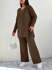 EURMUSE Plus Solid Split Hem Tee & Wide Leg Pants - Brown - View 4