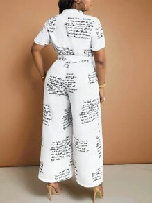 Slaydiva 優雅且休閒鬆身圖案印花襯衫領大尺碼連身褲，適合通勤和日常穿著