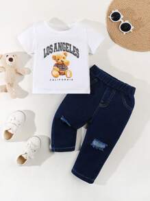 男婴休闲熊和字母印花短袖上衣搭配破洞牛仔裤套装，春夏 - 深色水洗藍 - 查看 1