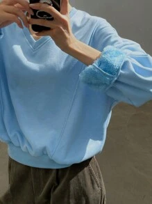 DAZY Sudadera holgada con cuello en V de forro polar cálido para mujer, ropa de mujer de otoño e invierno - Azul - Ver 2