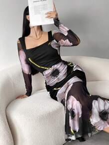 Modelyn 女士花卉印花方领长袖网眼连衣裙超长款女士装长款晚礼服