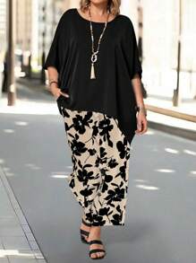 EMERY ROSE Bộ đồ giáo viên cỡ lớn dành cho nữ Áo sơ mi bo cong thời trang & Quần in hoa có túi Bộ đồ đi chơi thanh lịch Bộ hai món - Màu Khaki - Xem 4