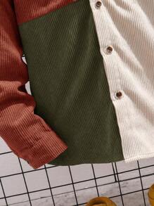 SHEIN Kemeja Pullover Korduroi Berkerudung Gaya Kampus Kasual untuk Anak Laki-Laki Remaja, Motif Blok Warna Kontras - Coklat - View 5