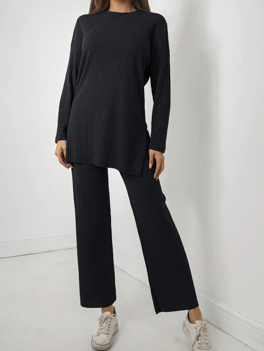 Drop Shoulder Split Hem Tee & Pants - Navy Blue - View 1