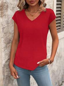 EMERY ROSE Áo thun nữ tay ngắn cổ chữ V trơn đơn giản, trang phục mùa hè cho năm mới - Đỏ - Xem 5