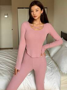 DAZY 交叉领设计修身家居服套装睡衣