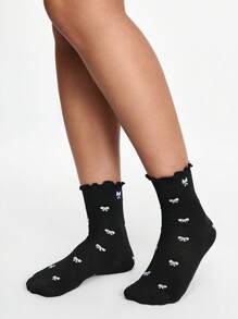 ROMWE Kawaii 2 双女式四季黑白蝴蝶结蕾丝边中筒袜 - 黑與白 - 查看 8