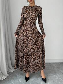 Rafferiza Vestido largo de manga larga con estampado de leopardo para uso diario minimalista de las mujeres, vestido maxi de otoño para outfit de mujer - Marrón - Ver 6