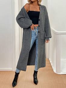 Chiquease Long Casual Cardigan With Double Pockets, Mixed Fabric, Autumn/Winter Thermal