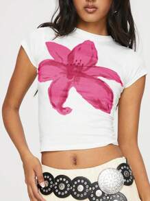 INAWLY Áo thun ngắn tay cổ tròn in hoa mùa hè dành cho nữ - trắng - Xem 3