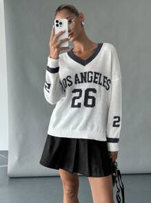 SHEIN Essnce 女式 V 领套头衫，校园风格，春/秋 - 白色 - 查看 5