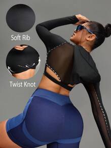 Innovista 性感纯色透气网眼拼接T恤运动卫衣，适合日常健身、运动、健身等场合，基础款T恤，运动上衣，Y3k风格，健身上衣，运动衫，派对，女士，音乐节，露脐背心，外出上衣，罗纹纹理短款卫衣，必备卫衣 - 黑色 - 查看 12