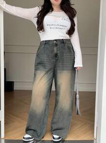 Dazy Plus Plus Size Distressed Wash Wide-Leg Straight Street-Style Boyfriend Jeans,Baggy Jeans - Light Wash - View 7