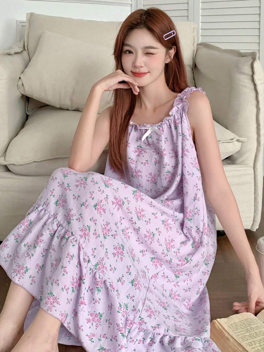 DAZY Floral Print Frill Hem Camisole Nightgown Pajama - Purple - View 1