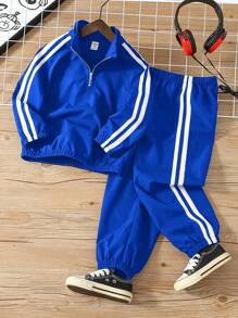 SHEIN 2pcs Young Boys Casual Set - Long Sleeve Stand Collar Jacket With Decorative Tapes, And Elastic Waist Pants, Thermal Lined , Thickened - Blue - View 3