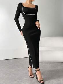 Modelyn Vestido ajustado con ribete de contraste para damas de Chongqing - Negro - Ver 6