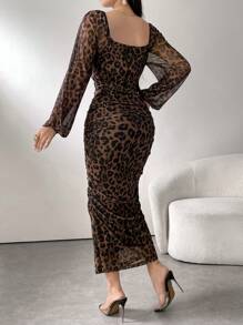 Modelyn 女式圆领长袖豹纹褶饰优雅网眼休闲连衣裙长款女式长款晚礼服 - 黑色 - 查看 7