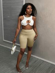 Slaydiva Quần áo bảo hộ lao động đường phố thông thường mùa hè, túi ba chiều, eo rộng, quần ôm vừa vặn, quần đi xe đạp, quần short nữ dệt kim màu xám nhạt - Màu be - Xem 7