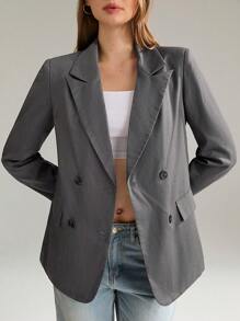 SHEIN Unity Blazer Wanita Longgar dengan Kerah Lapel, Kancing Ganda, Saku Lipat, dan Bantalan Bahu untuk Musim Gugur. - Grey - View 5