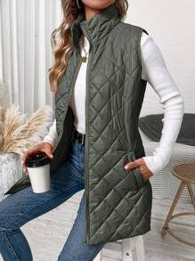 SHEIN Clasi Plus Size Casual Solid Color Zip-Up Quilted Padded Vest Coat, Autumn/Winter - Dark Green - View 6