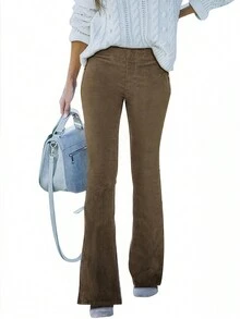 Quần ống loe nhung kẻ cạp chun co giãn thời trang đường phố sành điệu cho nữ, mùa thu - màu nâu - Xem 5