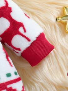SHEIN Baby Girl Christmas Themed Plush Long Sleeve Footed Jumpsuit Home Outfit Set