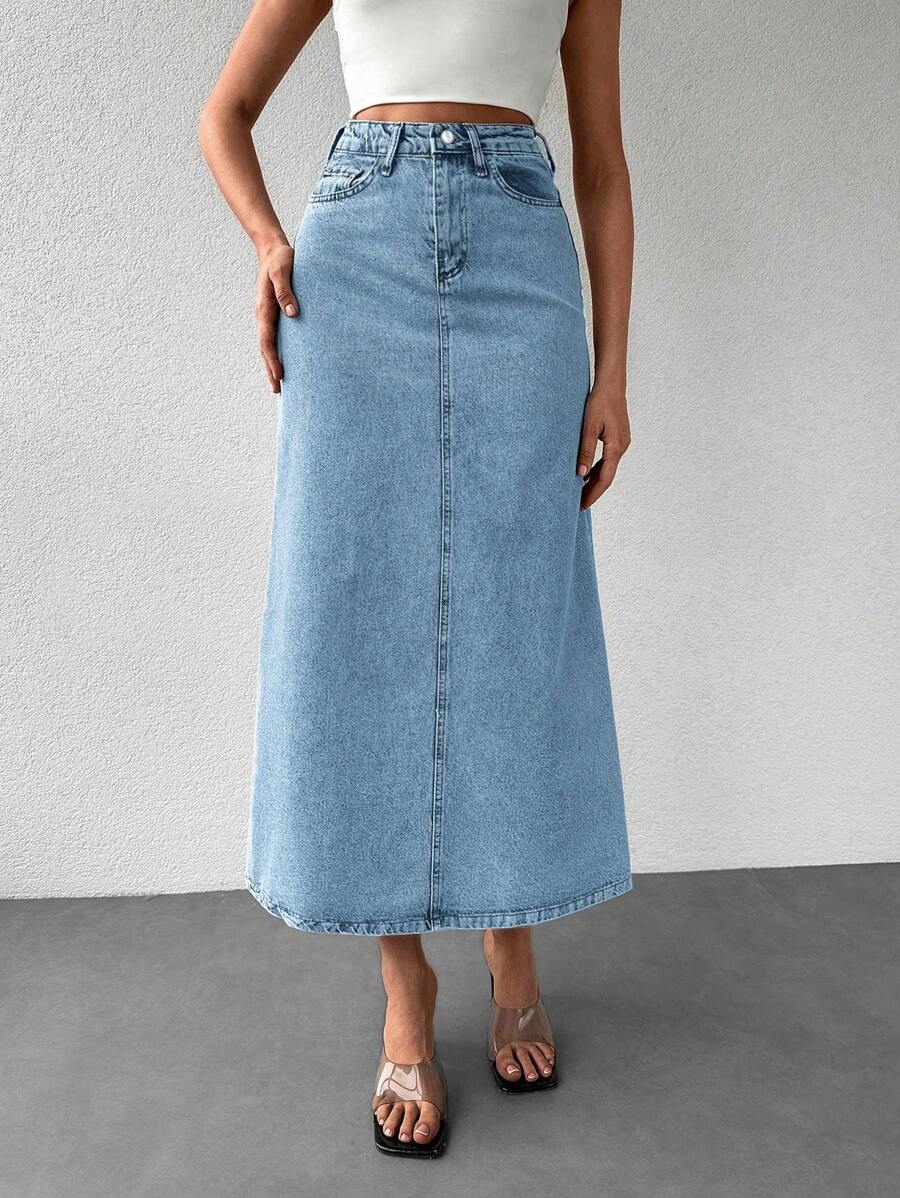 Slant Pocket Denim Skirt - Light Wash - View 1