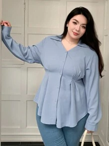 Dazy Plus Plus Size Plain Color Cinched Waist Shirt, Spring/Summer/Autumn