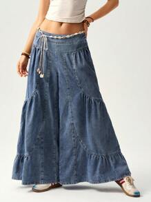 Bohemela Vacation Print Patchwork Loose Wide Leg Jeans For Women - Navy Blue - View 3