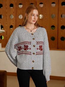 SHEIN MOD Damen Vintage College-Stil gemusterte Strick-Cardigan, für Frühling und Herbst - Verschiedenfarbig - Übersicht 3