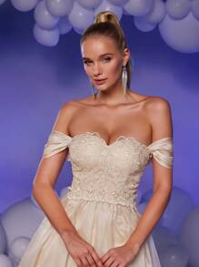 SHEIN Belle Women's White Off-Shoulder Sequin Lace Patchwork Shiny Mesh Ruffle Decor High-Waist A-Line Princess Bridal Gown,Elegant Prom Semi Formal Party Dress - Apricot - View 2