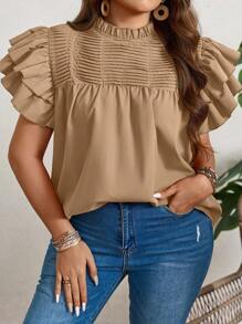 SHEIN LUNE Plus Size Women's Summer Solid Color Frill Trim Stand Collar Double Layer Cap Sleeve Blouse - Khaki - View 3