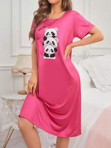 SHEIN Váy ngủ dài tay ngắn in hình gấu trúc dễ thương dành cho thiếu niên, đồ ngủ chống cháy - Màu Hồng Tươi - Xem 3