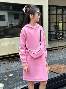SHEIN Girls Oversized Hoodie Dress, Casual American College Style Pullover Sweatshirt With Backpack Decoration, Autumn