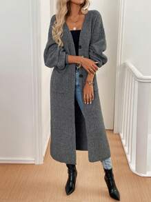 Chiquease Long Casual Cardigan With Double Pockets, Mixed Fabric, Autumn/Winter Thermal