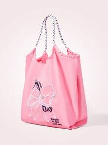 SHEIN MOD Women's Letter & Bow Print Large Capacity Tote Bag - Pink - View 2