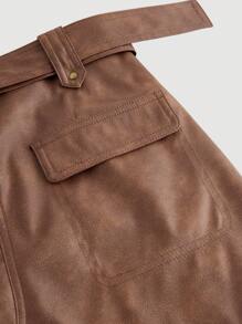 SHEIN MOD PU皮革铆钉装饰驼色复古女士短裙，复古，老钱风格，教师，70年代，早午餐，冬季，秋季，西部俱乐部 - 駝色 - 查看 4