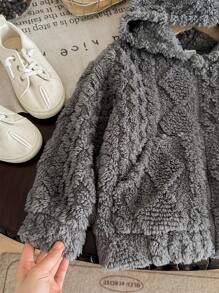 SHEIN Young Boys Casual Comfy Plush Textured Letter Embroidery Zip-Up Warm Hooded Fleece Jacket Outerwear For Fall/Winter