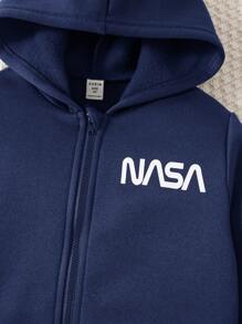 2pcs Young Boys Casual Collegiate Solid Color Versatile Letter Print Hoodie Sweatshirt And Elastic Waist Solid Color Versatile Pants Set, Fleece Thickened For Autumn/Winter - Blue - View 3